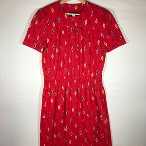 Virgo II ILGWU Women's 16 Red Geometric Short Sleeve Shirred Midi Dress Vintage